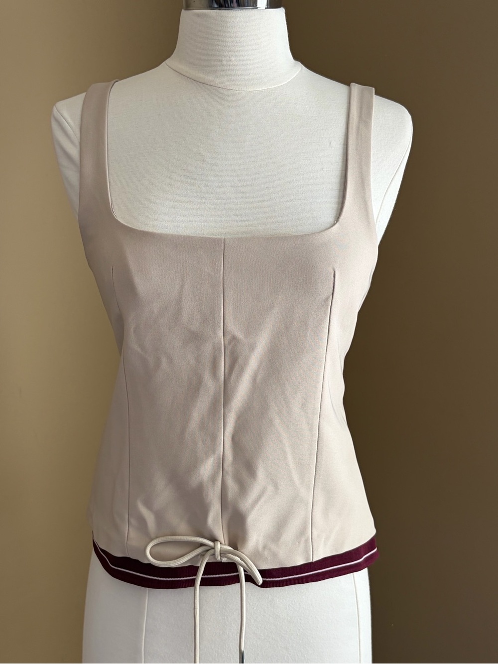 Zara Square Neck Tank with Burgundy Contrast Hem,Small, Balletcore Minimalist